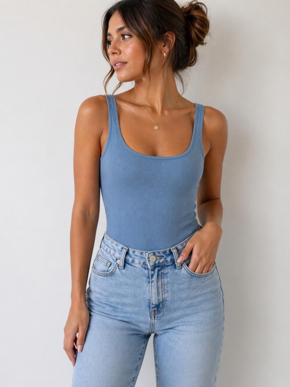 Ribbed Scoop Neck Blue Women’s Bodysuit
